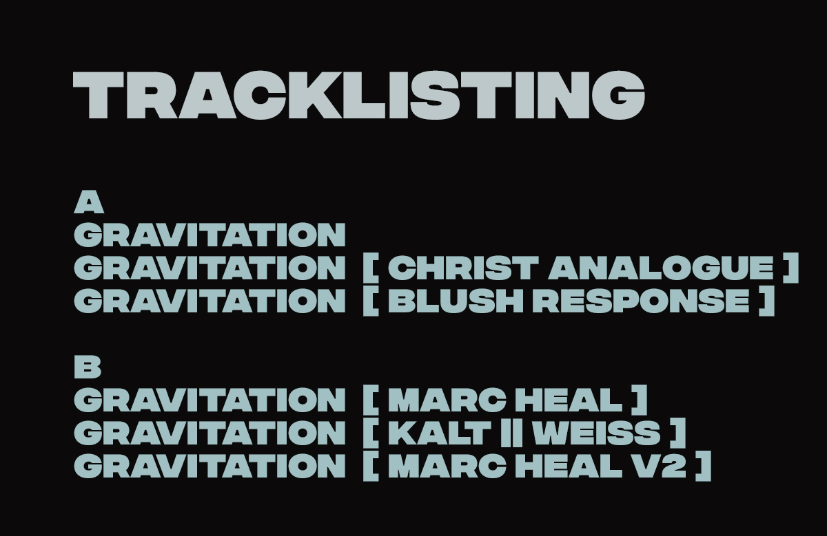 VÖEST – ›Gravitation‹ Tracklisting: A-Seite mit Christ Analogue und Blush Response, B-Seite mit Marc Heal und Kalt || Weiss.